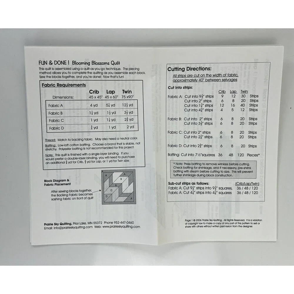 Prairie Sky Quilting, #105, Blooming Blossoms Quilt Instructions Pattern